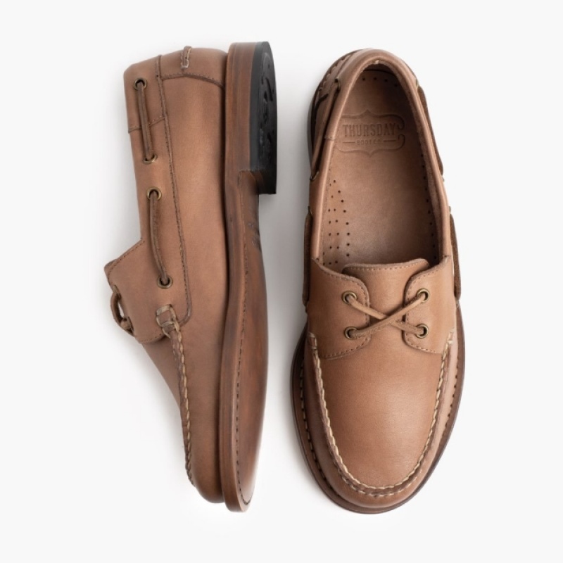 Men's Thursday Boots Handsewn Boat Shoes Brown | UAE357197